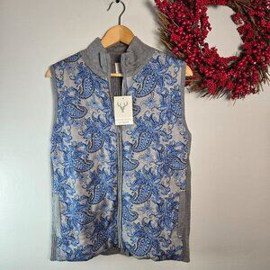 Edinburgh Knitwear Womens Paisley Ribbed Vest Sz LARGE Blue Gray Pima Cotton